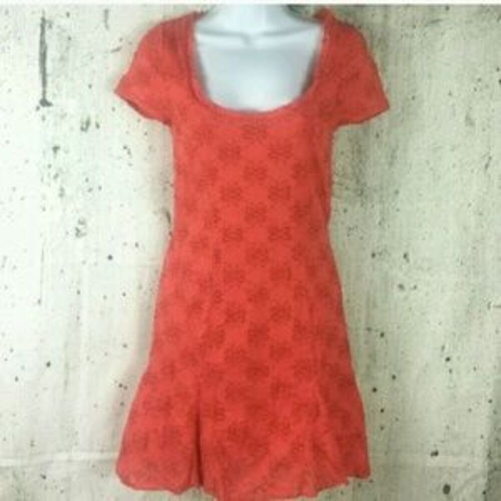 Free People Red Lace Embroidered Boho Mini Dress Festival Y2K Cottage Date 🇺🇦